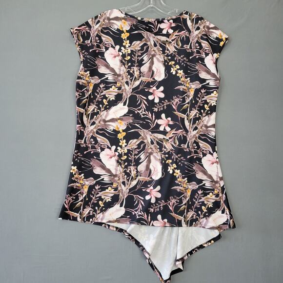 Kate Mallory Black Shirt Stretch Trendy Cottage Floral Sleeveless Women's Size L - Picture 2 of 7